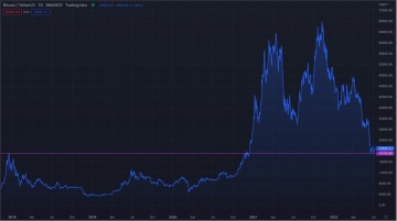 Graf vývoje uzavíracích cen páru BTC/USDT, fialová linie označuje support na ceně 19 tisíc - Tradingview.com