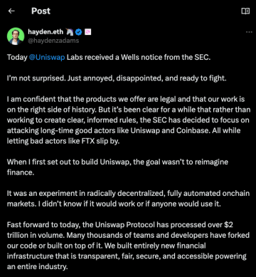Reakcia použivatela hayden.eth na Uniswap žalobu - Twitter.com